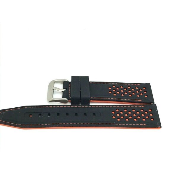 Mens Watch Band Replacement Black Orange Rubber Strap 22mm Lug Silver Buckle 8'' - Picture 3 of 6
